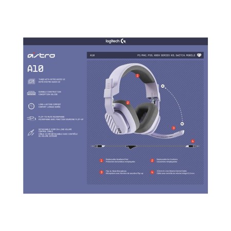 Auriculares con microfono logitech a10 astro gaming gen 2 jack 3.5mm blanco