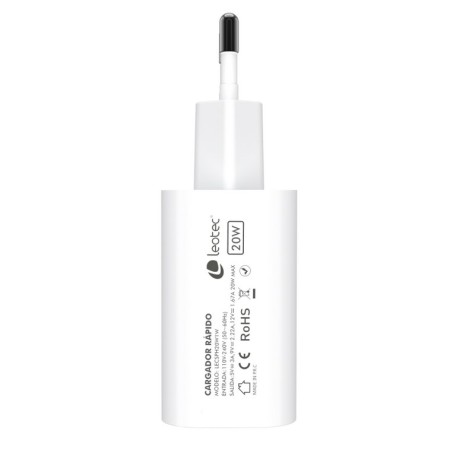 Cargador de pared leotec usb c 20w 3.0 5v3a 9v2 -22a 12v1 -67a blanco